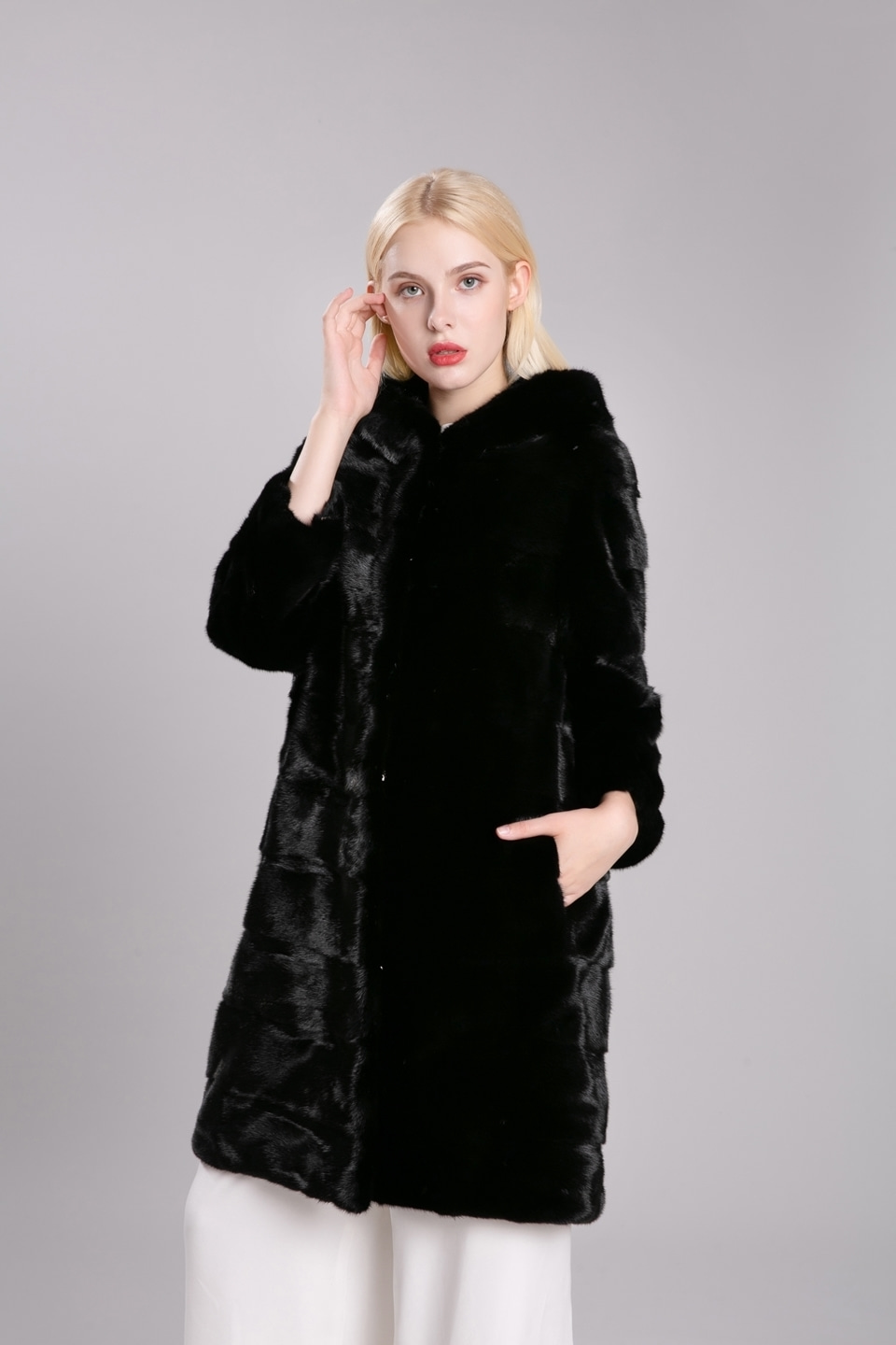 mink hood coat (black)
